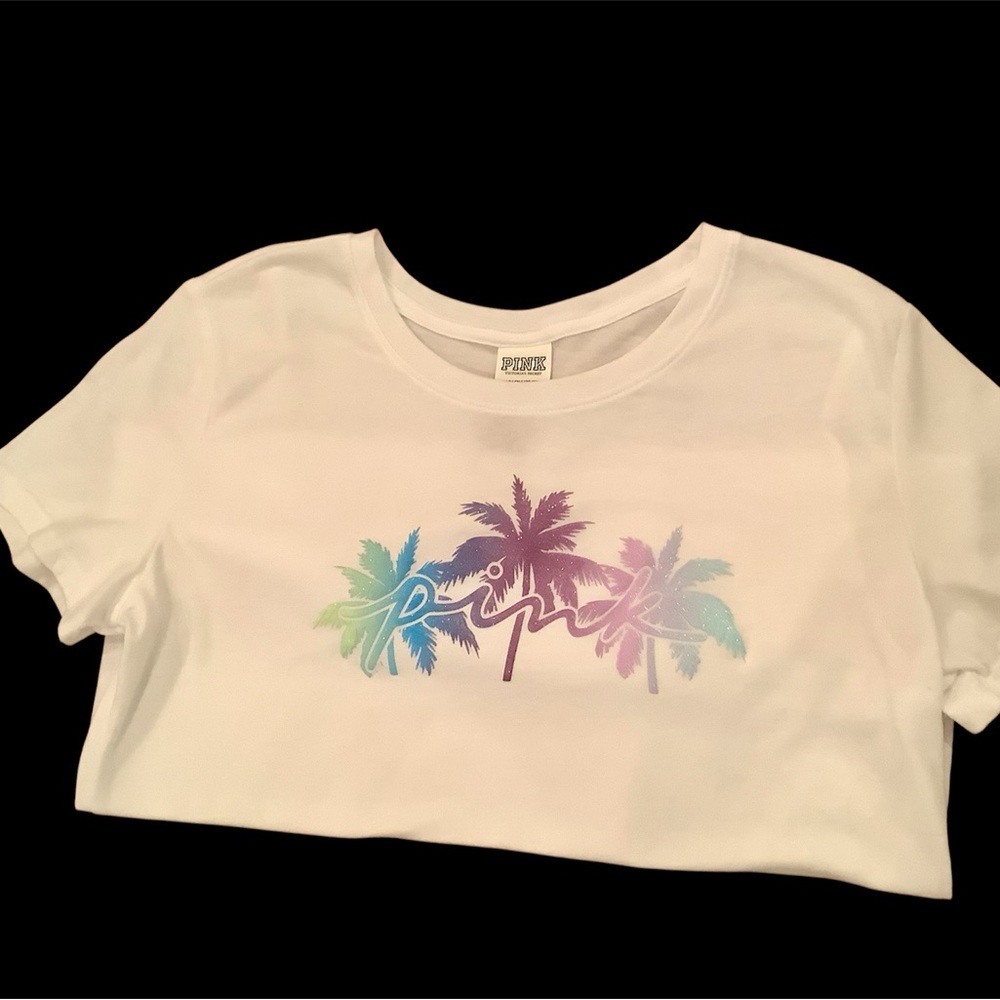 PINK Victoria's Secret colorful glittery Palm Tree Graphic Tee. NWT. Sz S - Picture 3 of 7